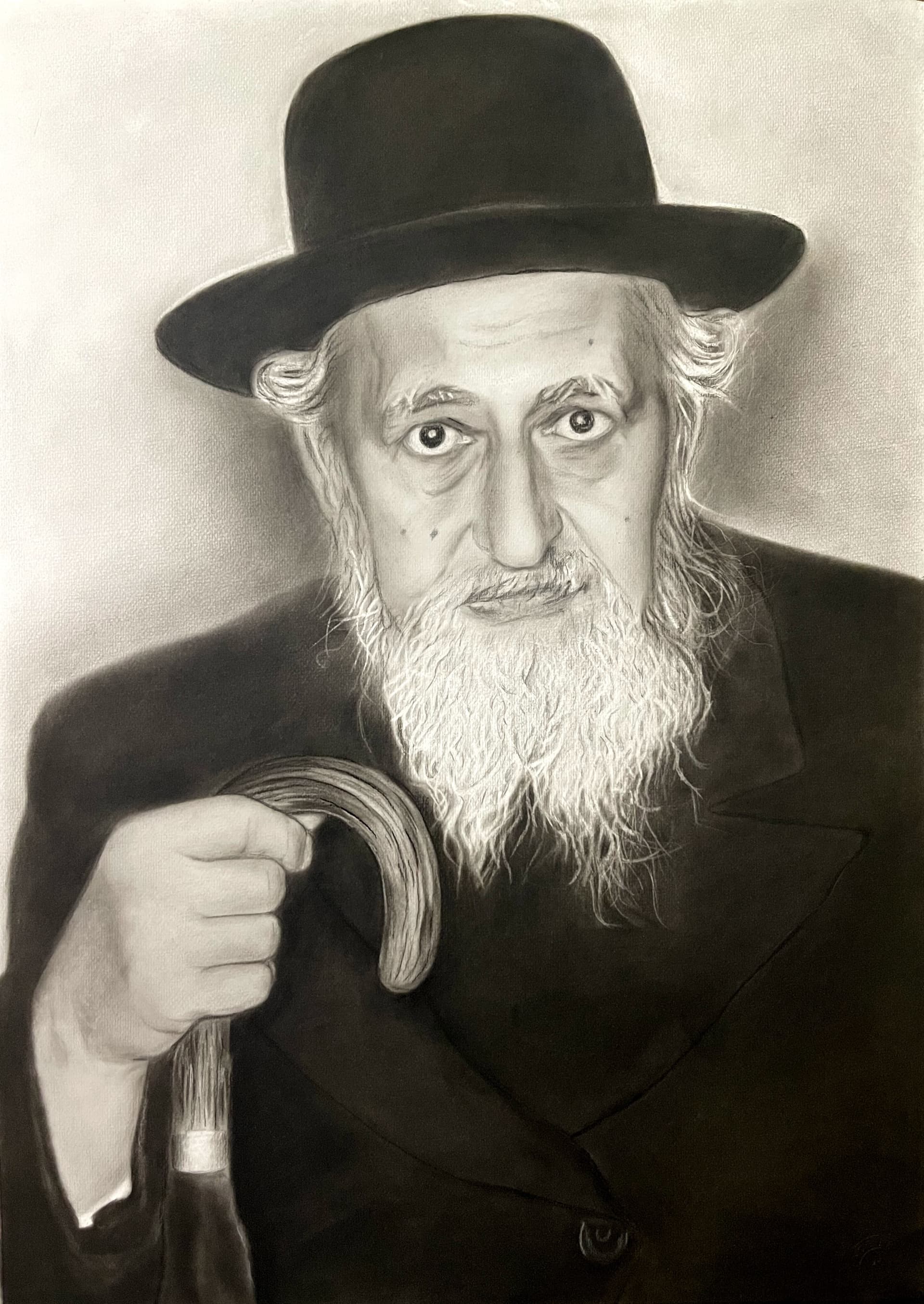 Charcoal portrait of an elderly bearded man holding a cane.