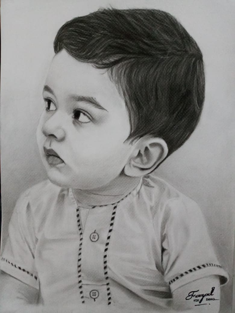 Charcoal portrait of a young child looking to the side.