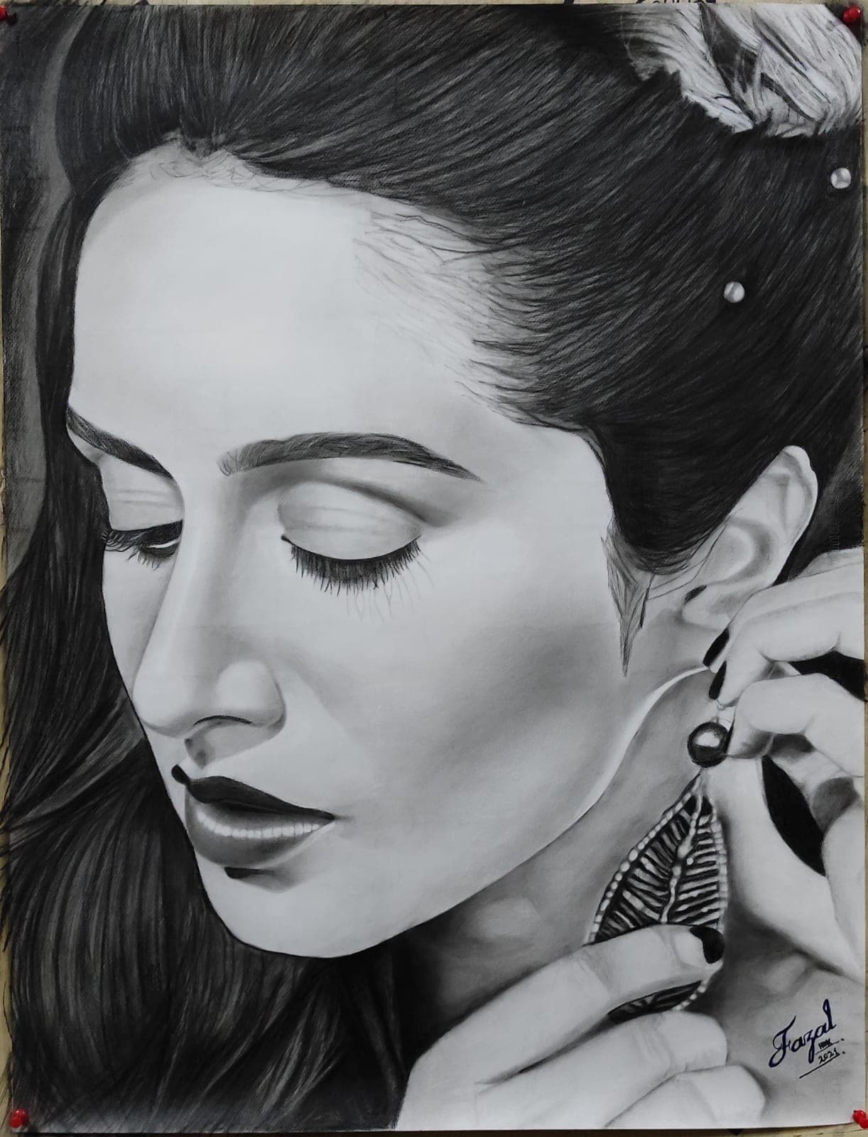 Detailed charcoal portrait of a woman adjusting an earring.