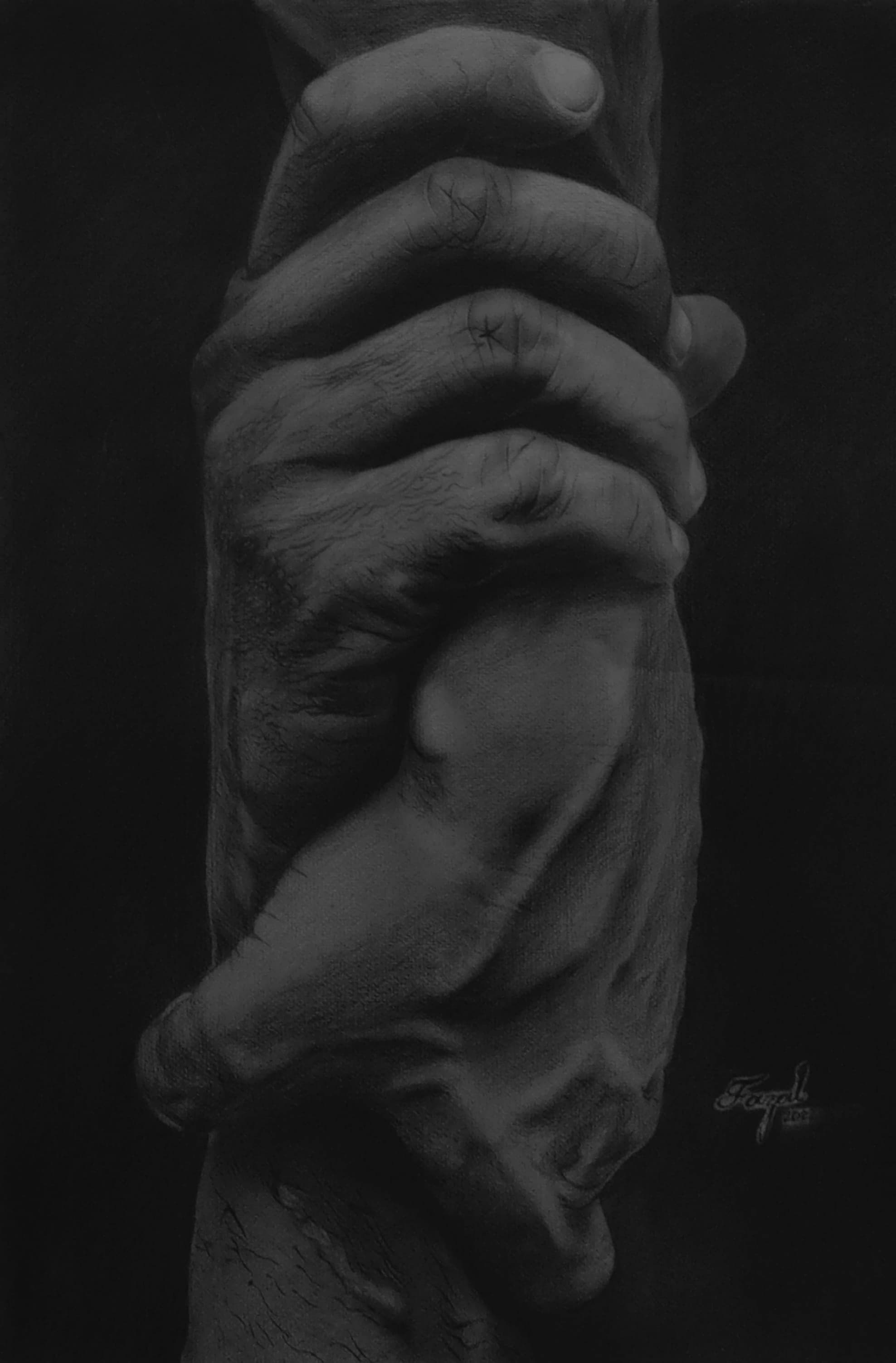 Charcoal study of hands gripping each other.