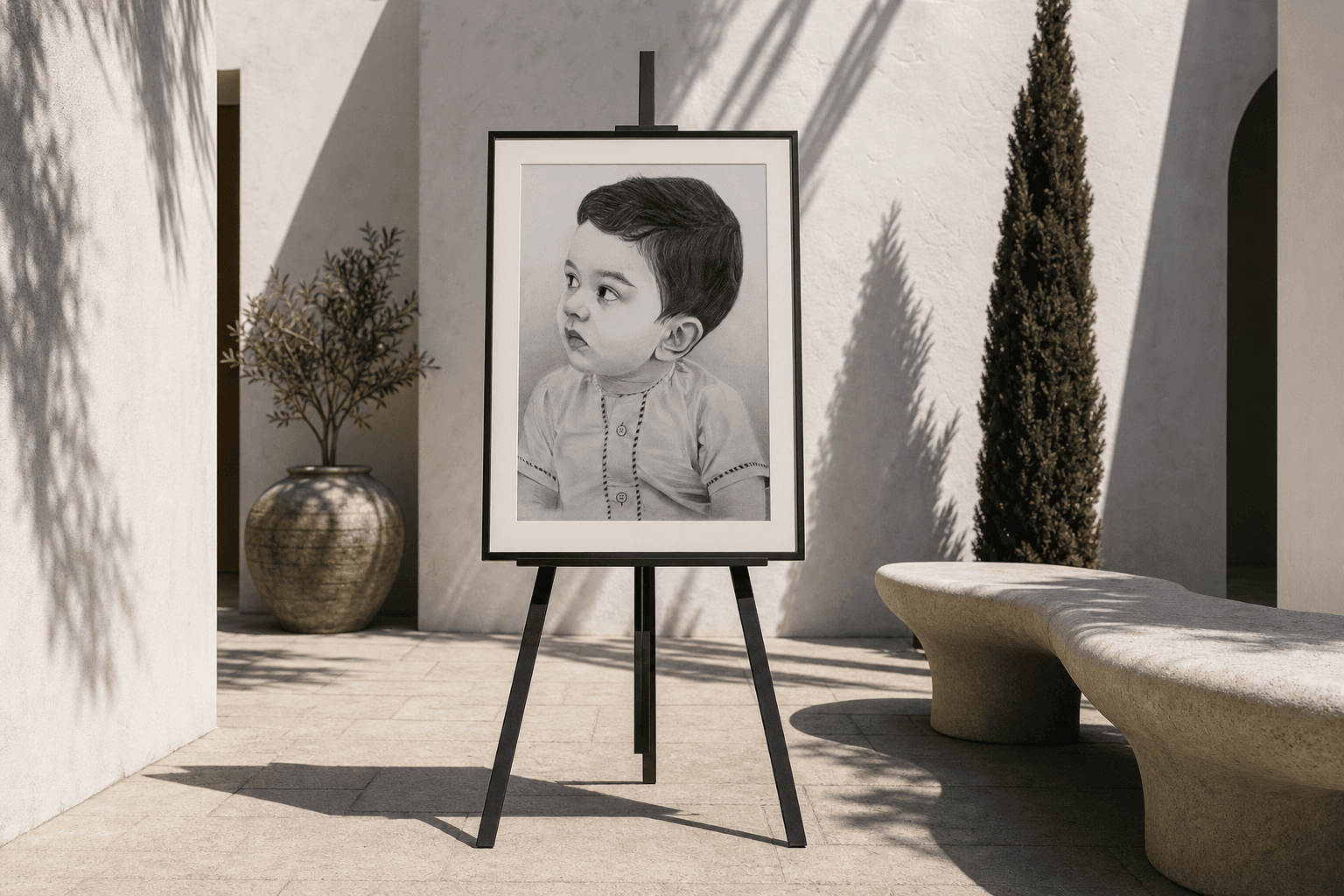 Framed charcoal portrait displayed in a refined gallery setting.