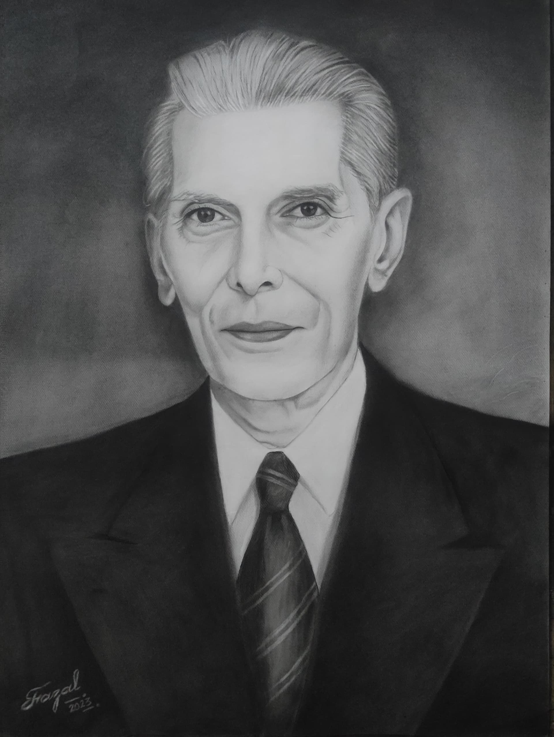 Charcoal portrait of Quaid-e-Azam Muhammad Ali Jinnah.