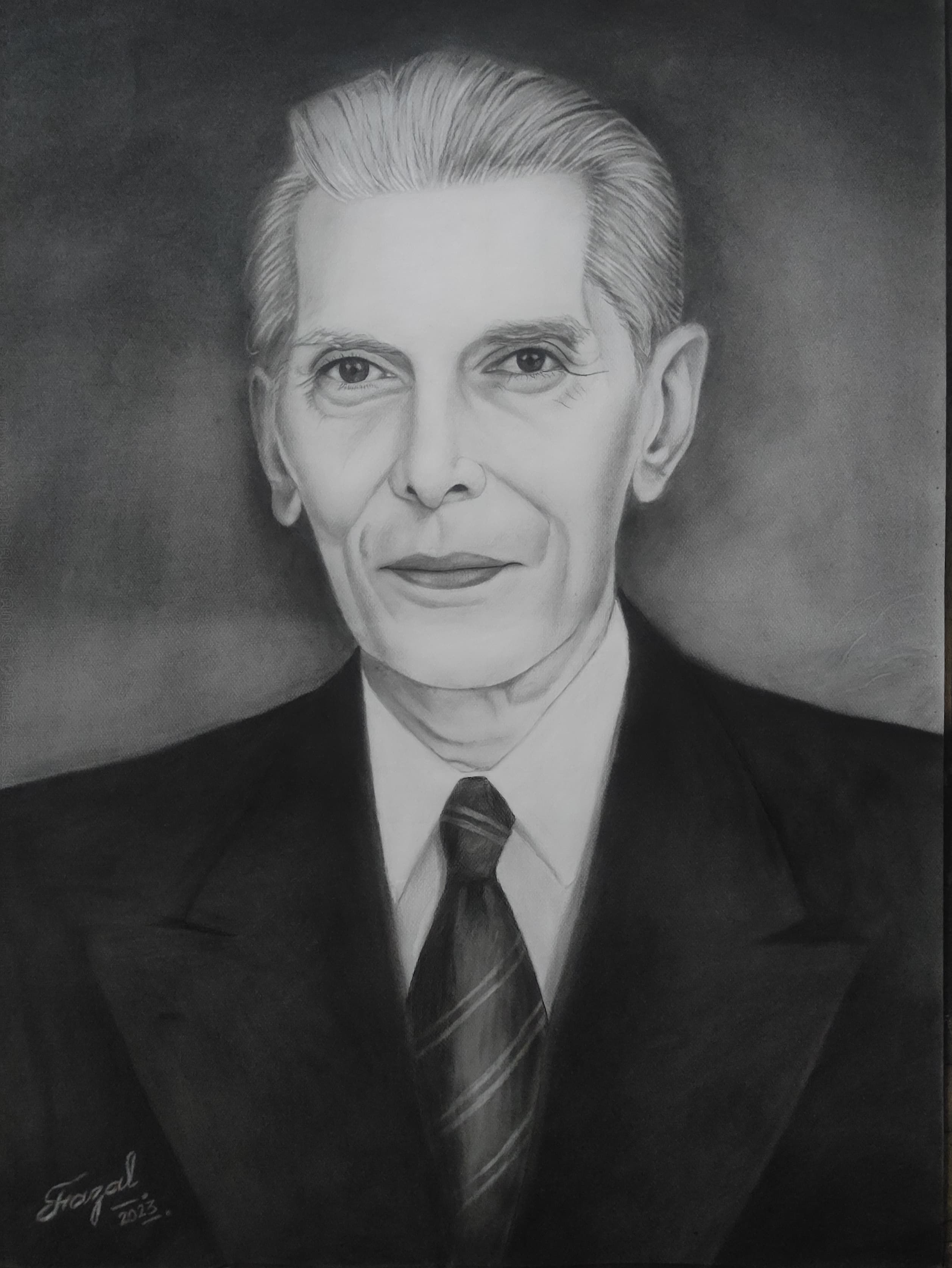 Charcoal portrait of Quaid-e-Azam Muhammad Ali Jinnah.