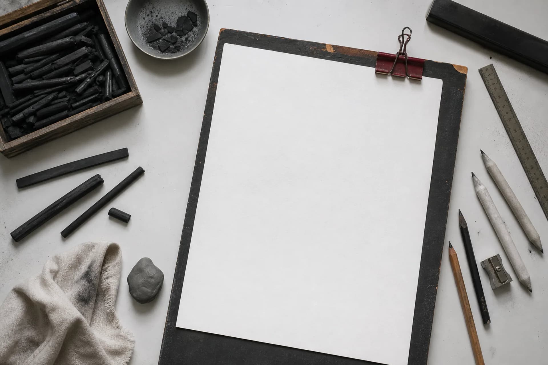A blank charcoal drawing workspace prepared for a new portrait commission.
