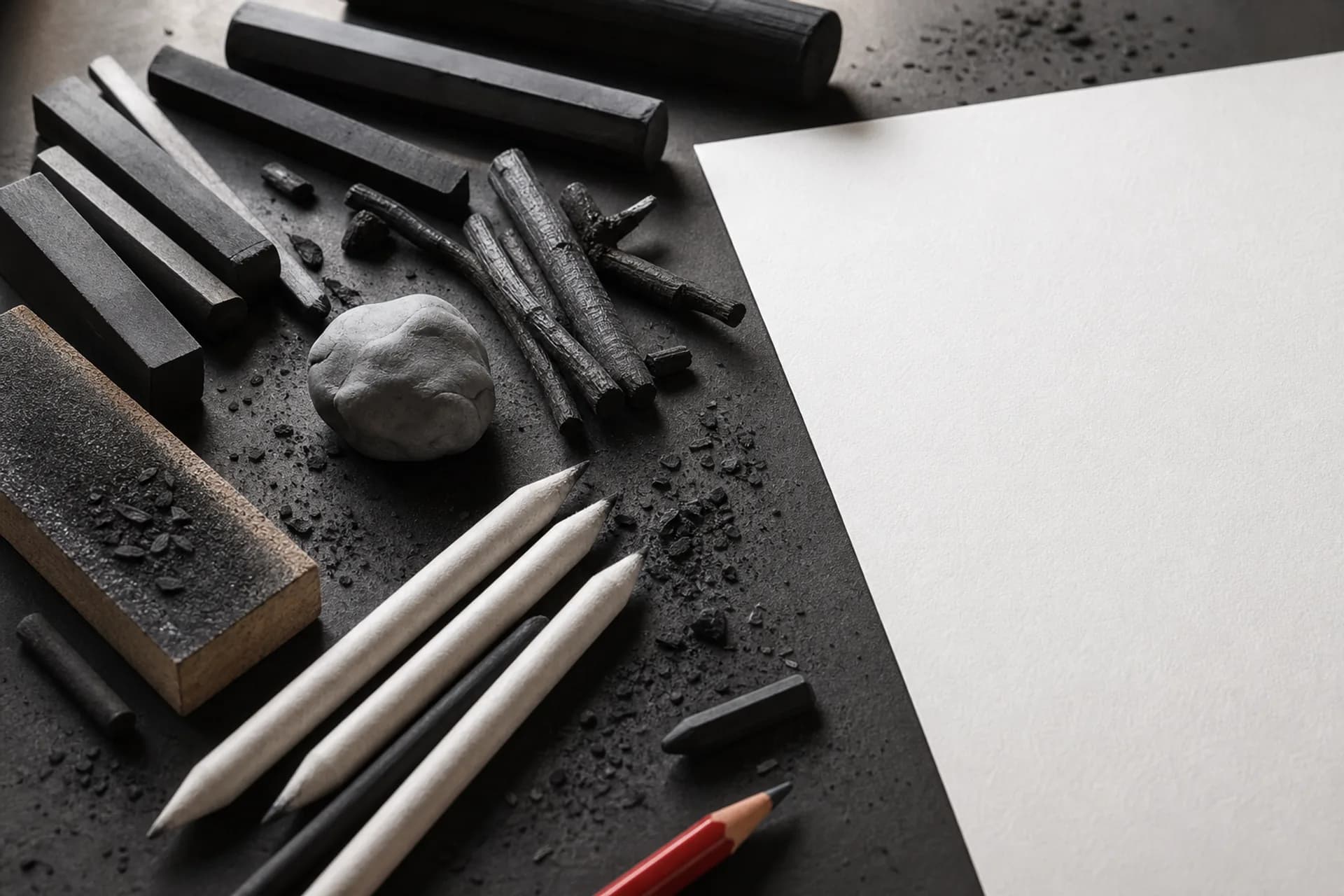 Professional charcoal sticks, blending tools, and erasers beside a blank drawing sheet.
