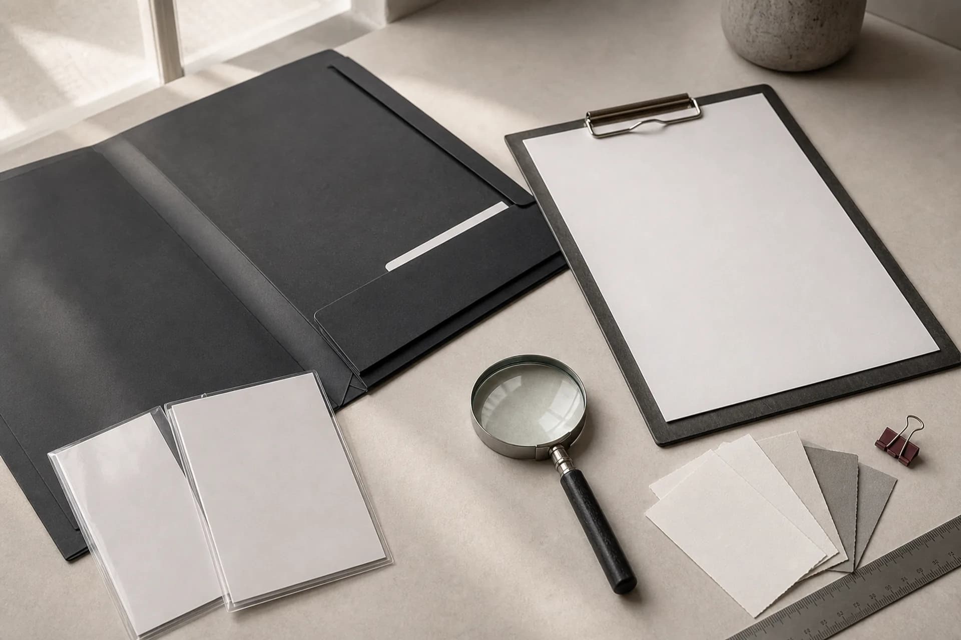 A reference-planning desk with blank archival sleeves, paper swatches, and a magnifying glass.