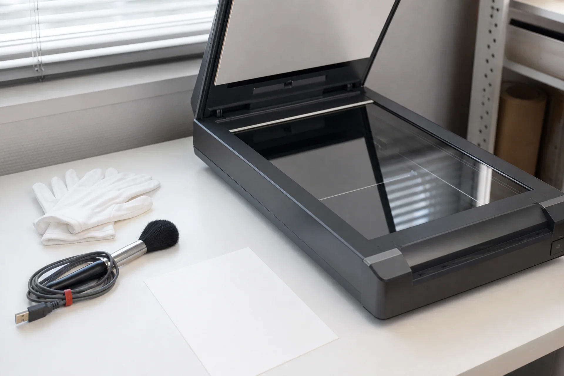 An empty studio scanning station prepared to capture a finished commission safely.