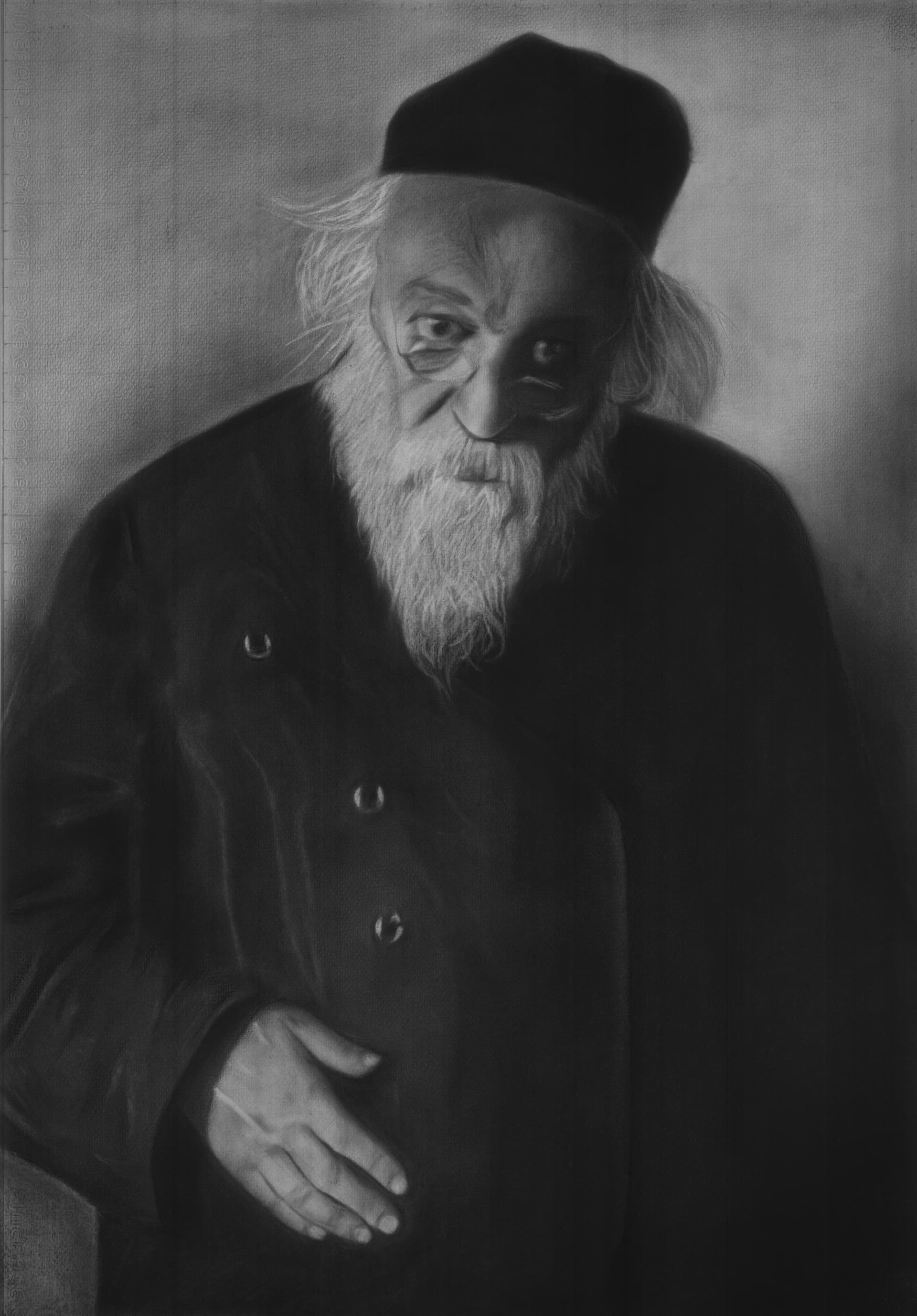 Charcoal portrait of an elderly bearded man in a dark coat and cap.