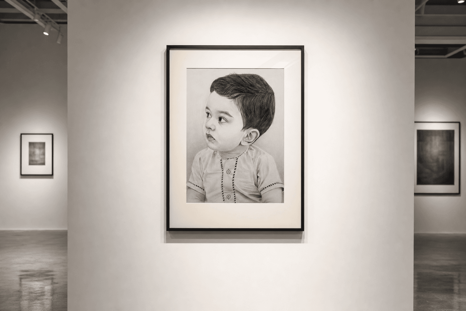 Framed child portrait on a gallery wall after the reference and composition stage.