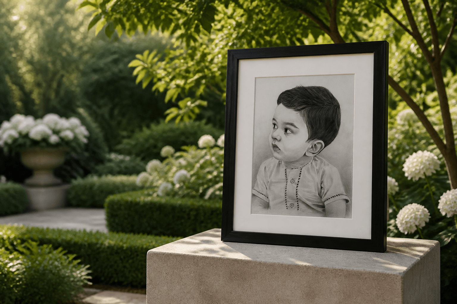 Framed child portrait placed in a garden setting after tonal refinement.