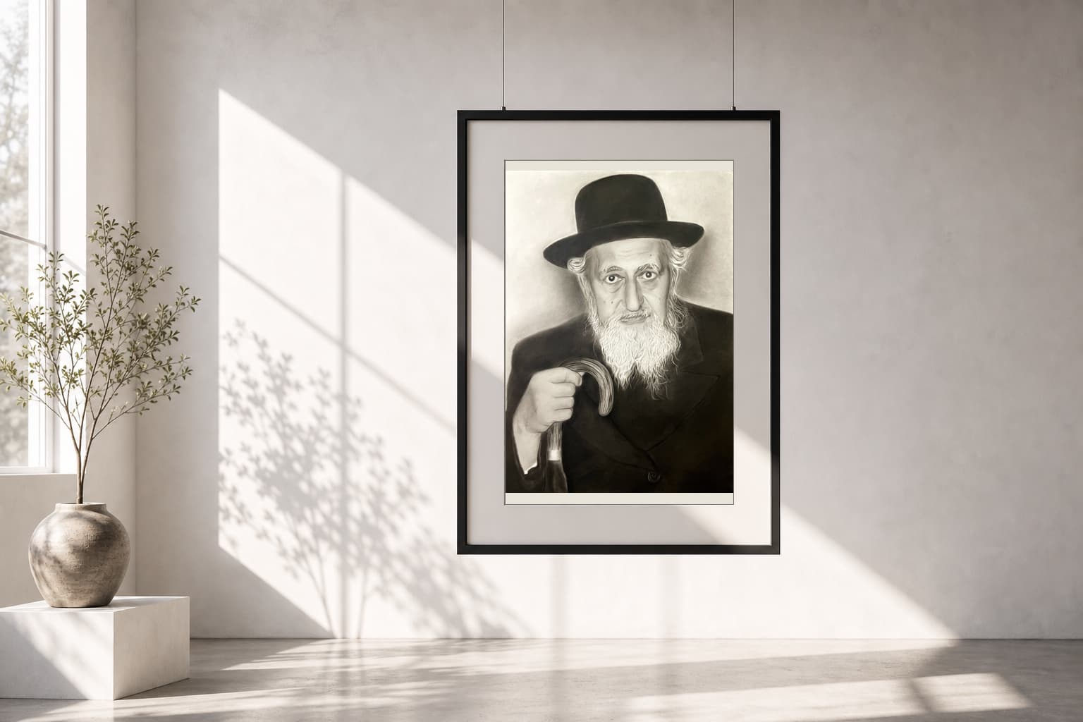 Framed elder portrait hanging in a sunlit interior.