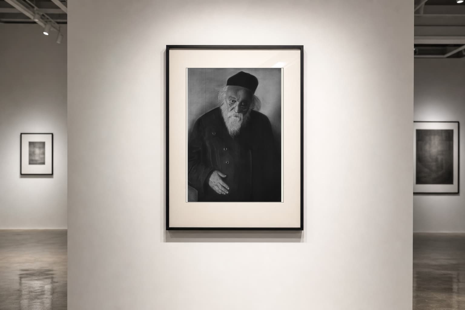 Framed elder charcoal portrait on a gallery wall.