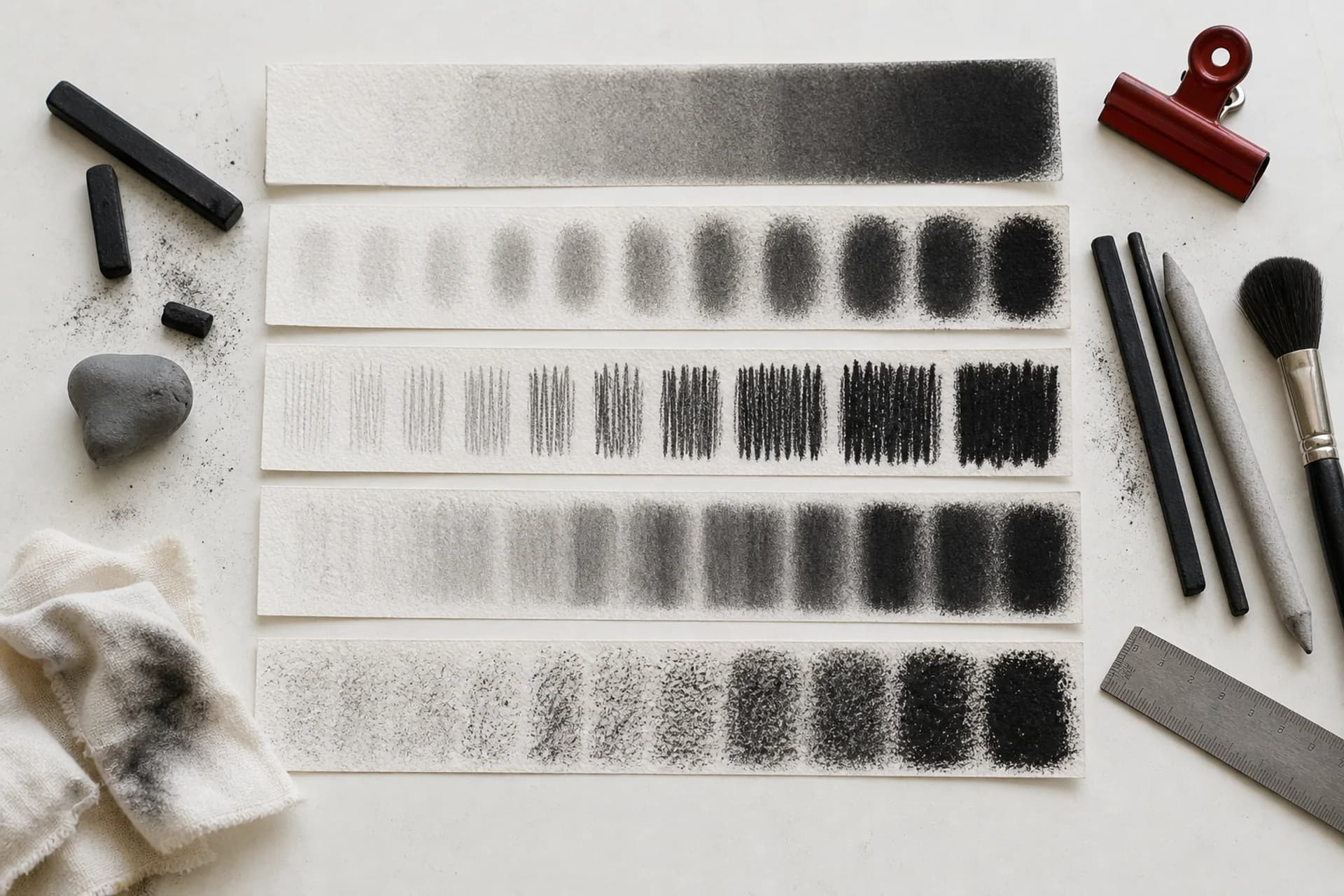 Abstract charcoal value tests and drawing tools arranged on a studio desk.