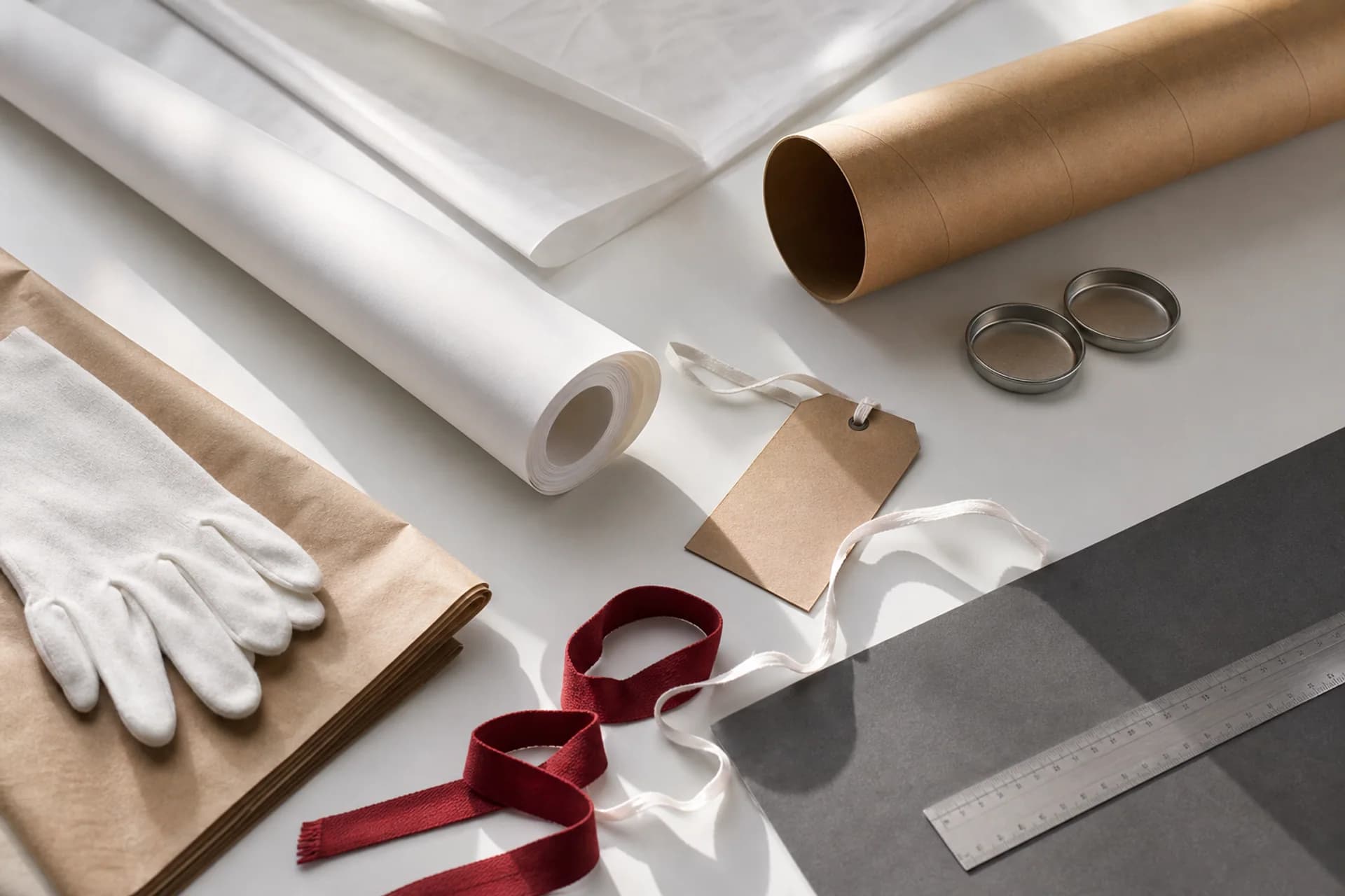 Archival paper, protective tissue, and a kraft mailing tube prepared for artwork delivery.