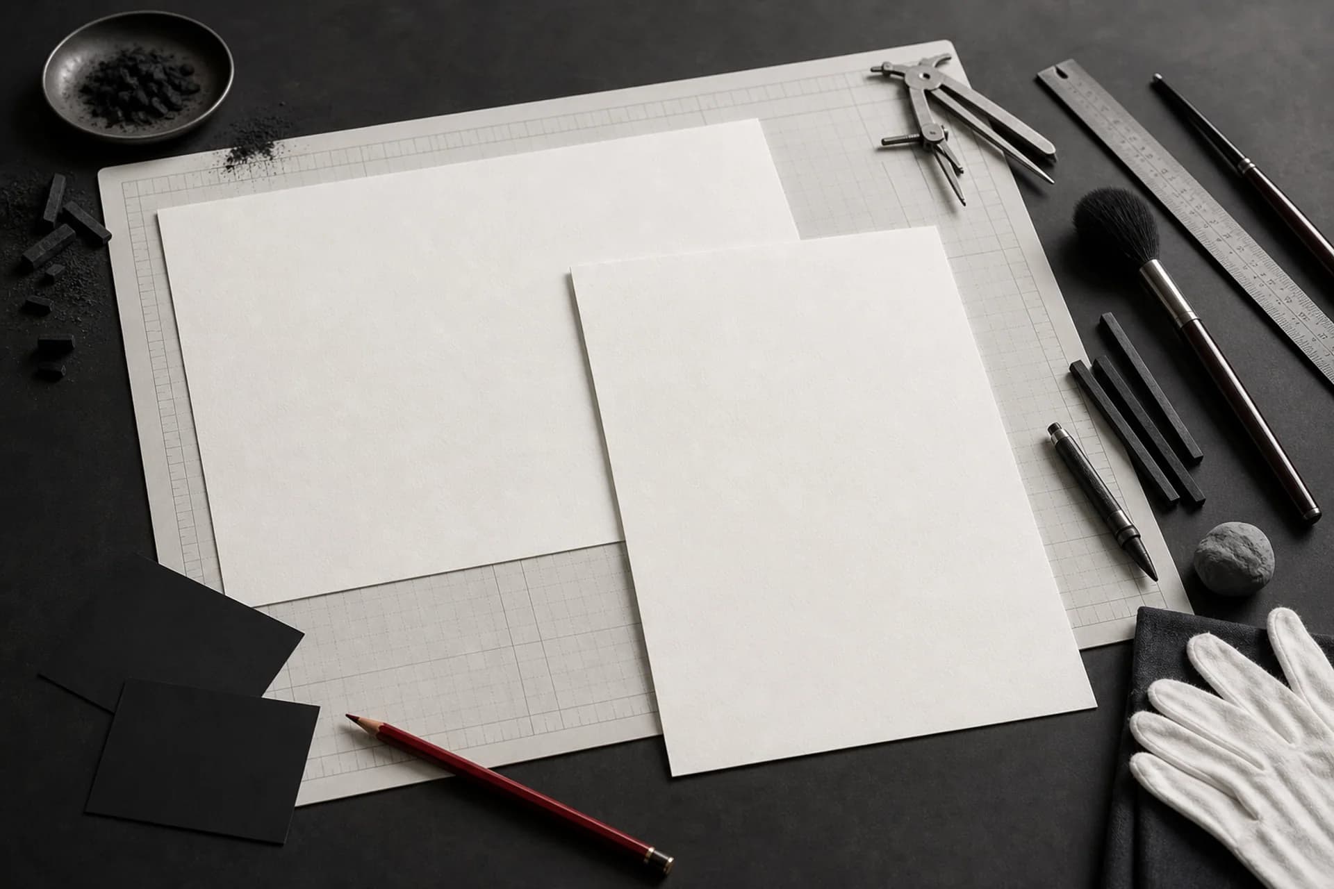 Blank portrait papers and measuring tools arranged for A3 and A2 size selection.